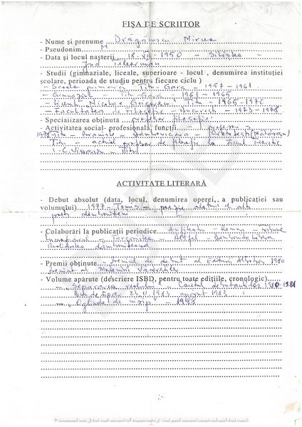 M-1336-1 - Fisa de scriitor DRĂGĂNESCU MIRCEA